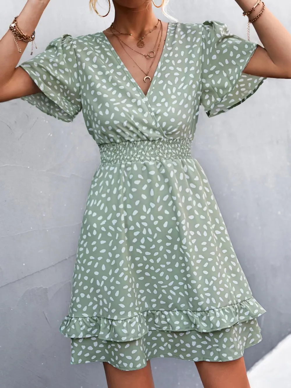 V-Neck Flutter Sleeve Mini Dress, image 3