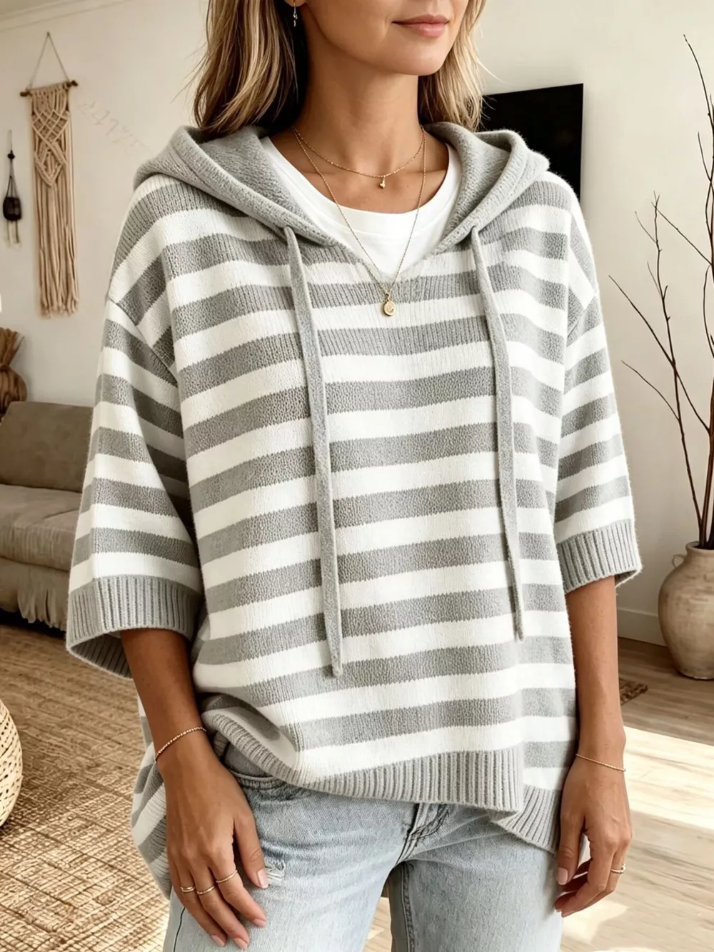 Full Size Drawstring Striped Hooded Sweater Plus Size, image 2