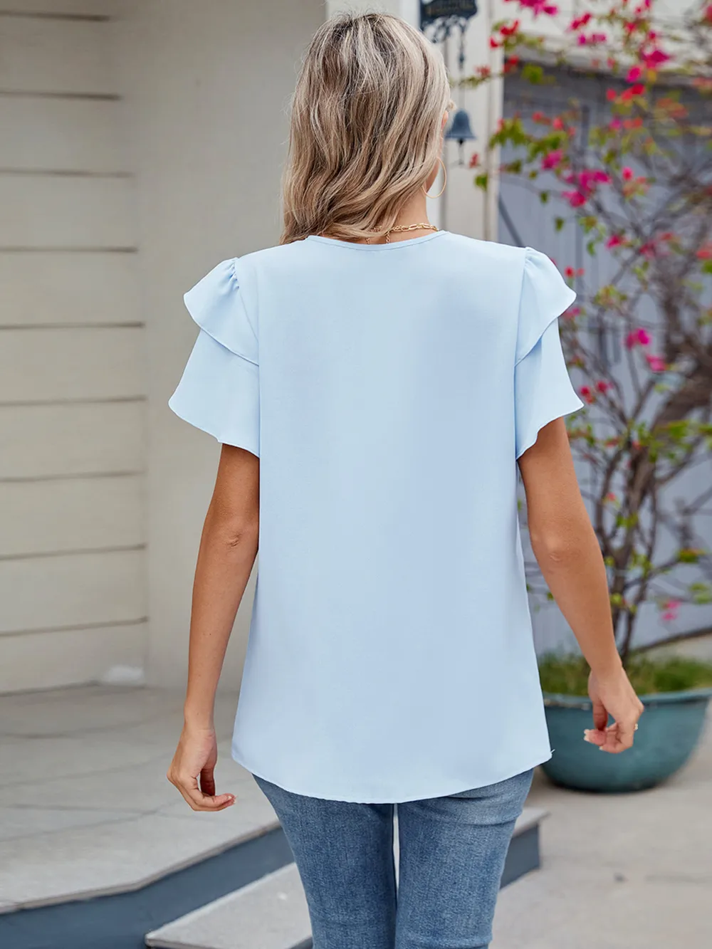 Round Neck Ruffled Layered Sleeve Blouse, image 5