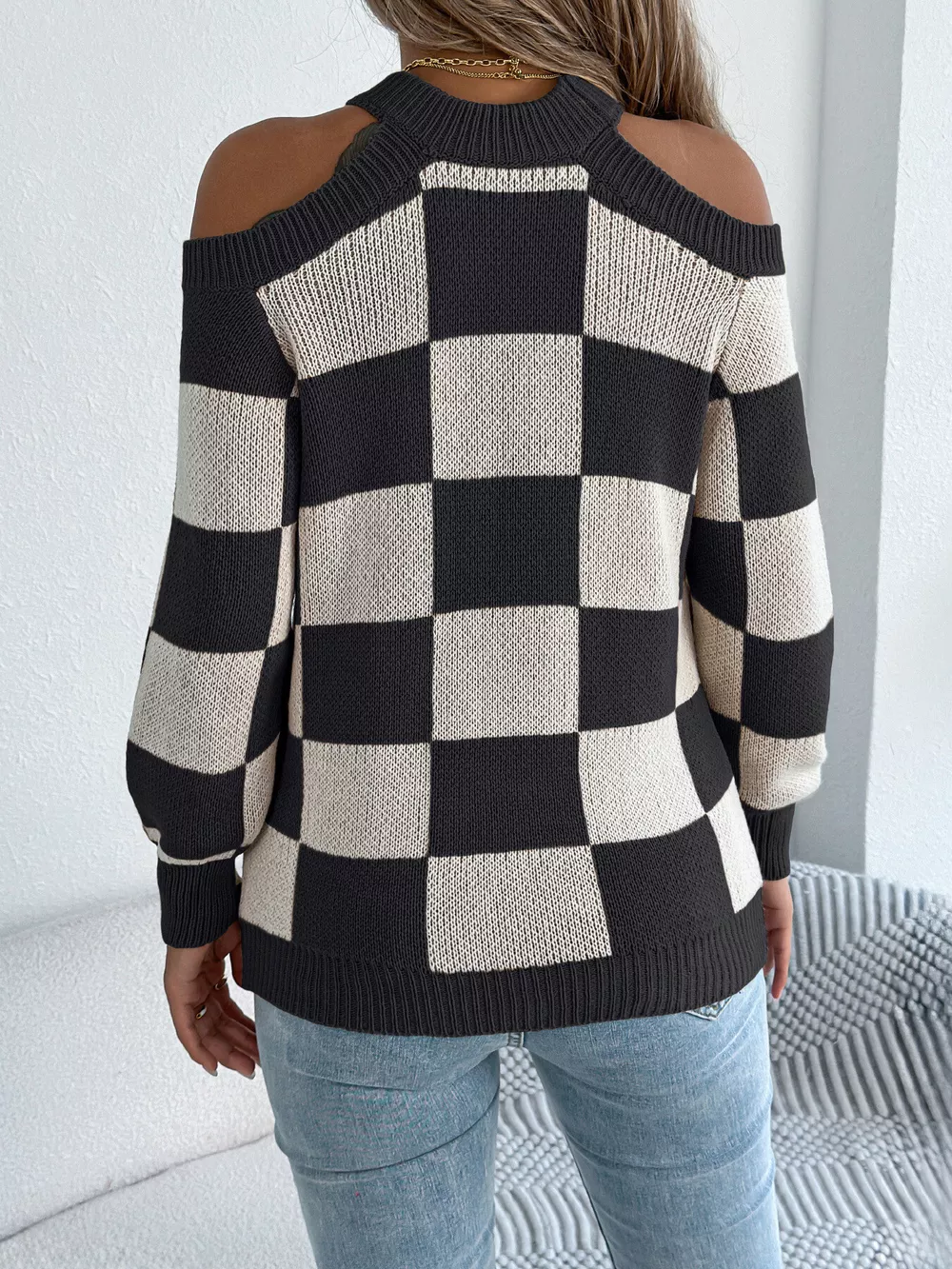 Cold Shoulder Checkered Long Sleeve Sweater, image 4
