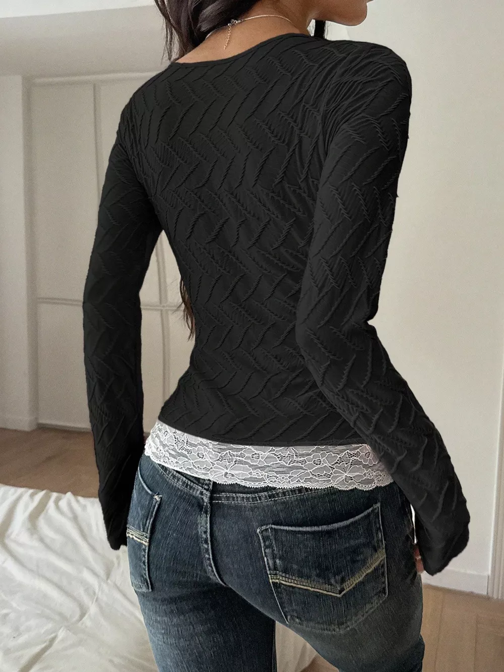 Square Neck Lace Trim Textured T-Shirt, image 8