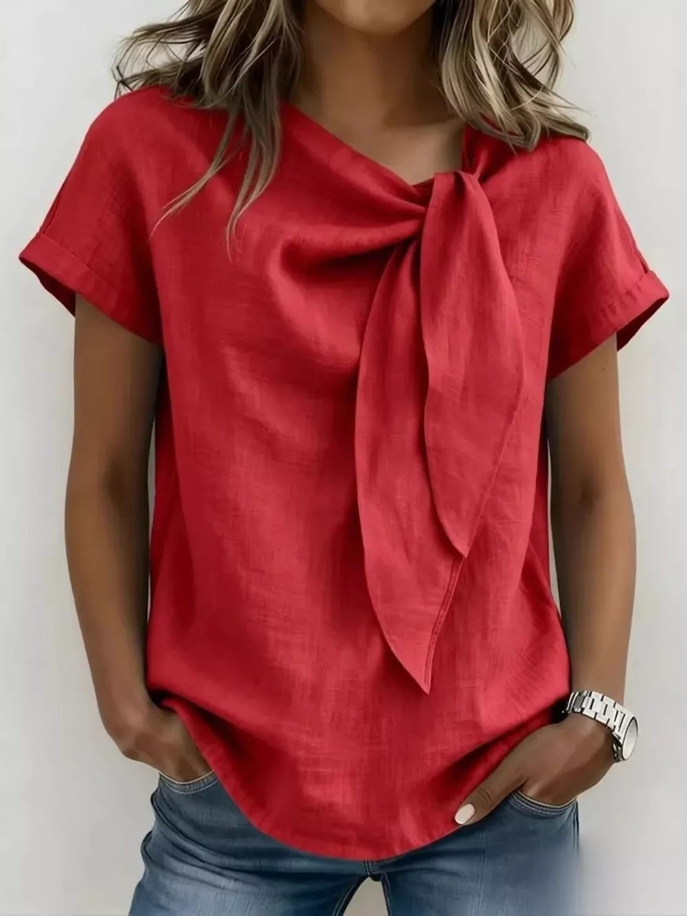 Full Size Bow Tie Neck Short Sleeve Blouse Plus Size, image 5