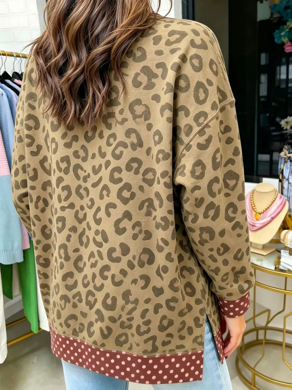 Side Slit Leopard Sweatshirt with Polka Dot Trim, image 6