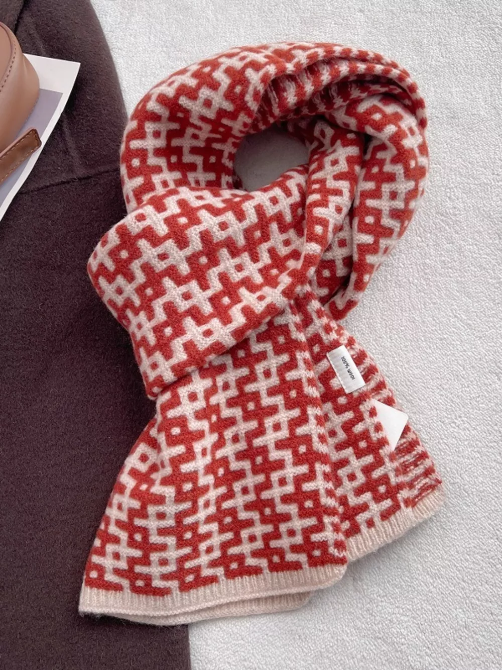 Wool Geometric Pattern Knitted Warm Scarf, image 8