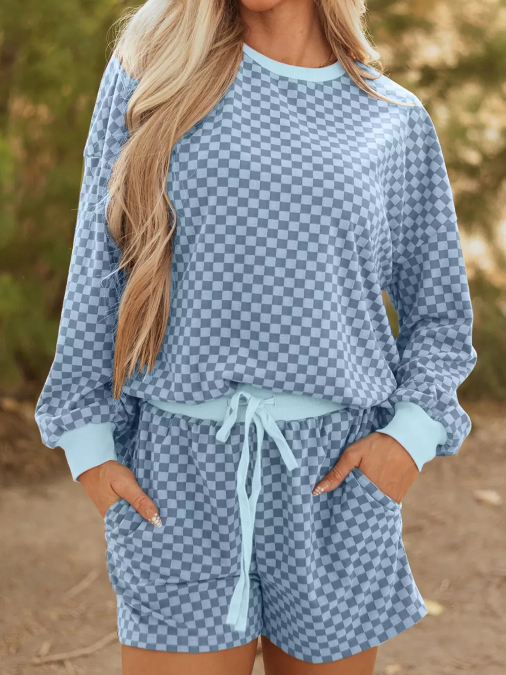 Checkerboard Long Sleeve Pullover and Shorts Set