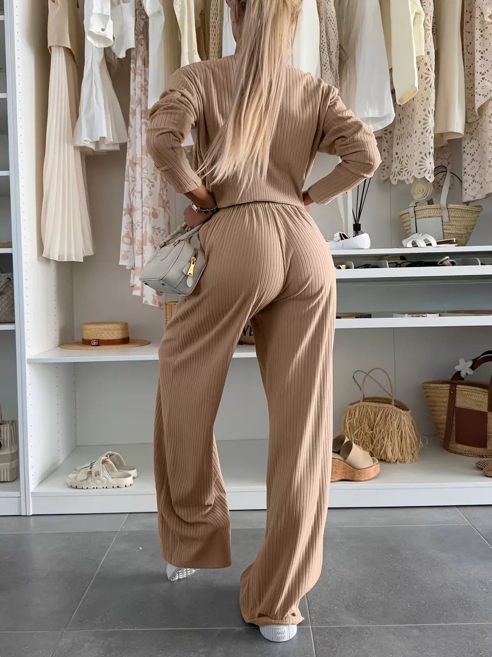 Ribbed Knit Round Neck Top and Pants Set, image 5