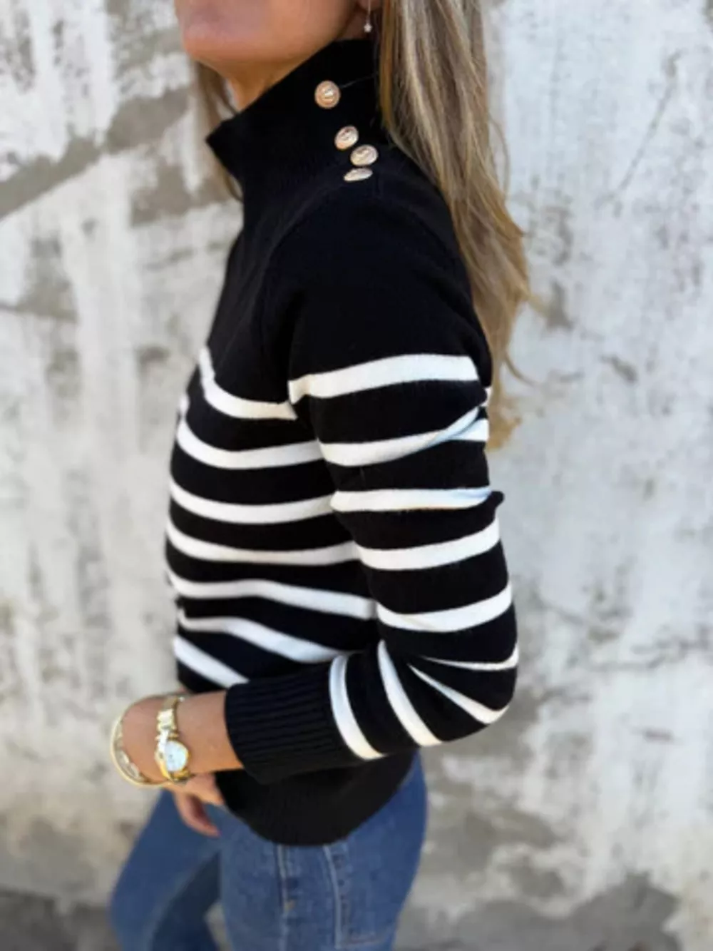 Full Size Striped Turtleneck Long Sleeve Sweater Plus Size, image 2