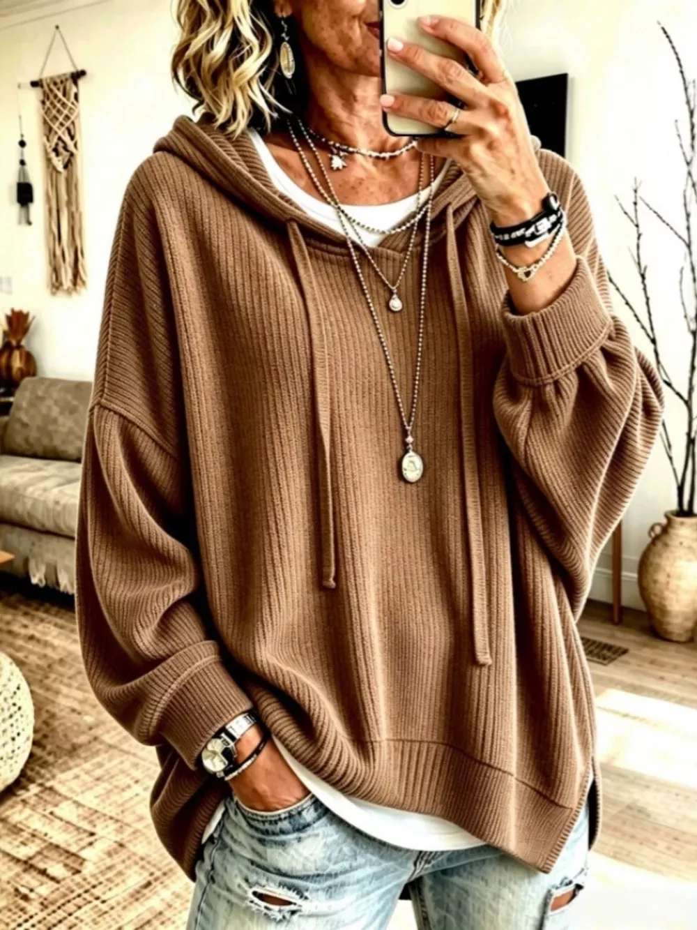 Drawstring Ribbed Knit Hoodie, image 6