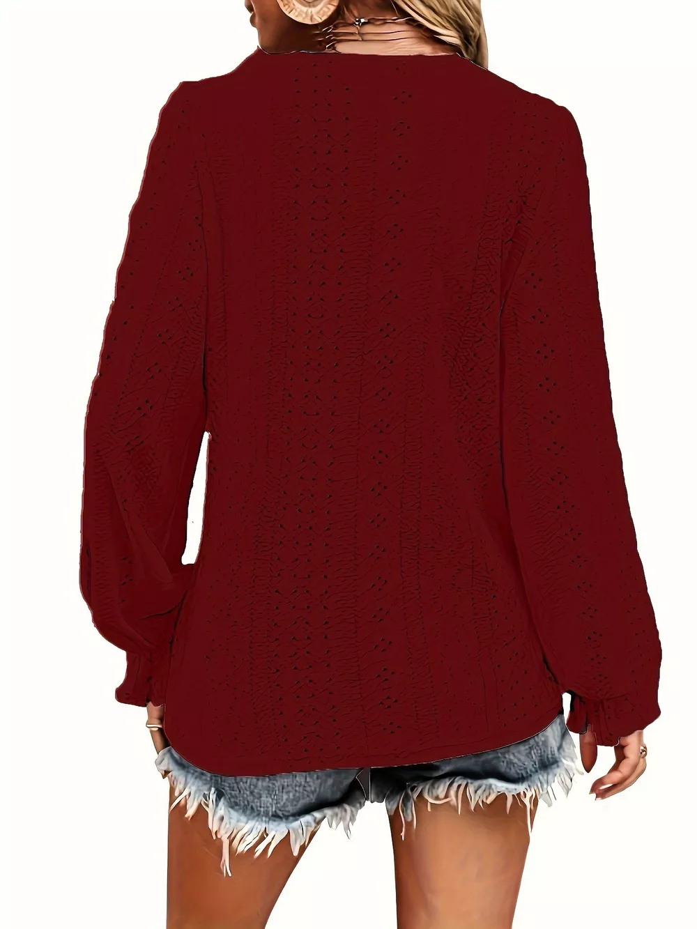 Plus Size Eyelet V-Neck Flounce Sleeve Blouse, image 32