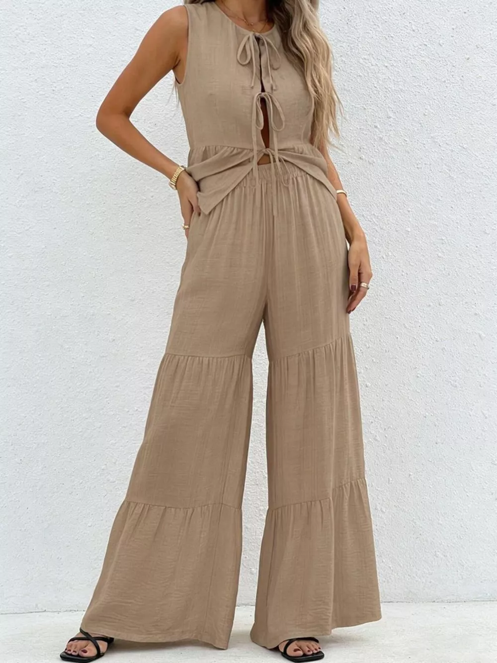 Sleeveless Tie-Front Top and Wide Leg Pants Set, image 6