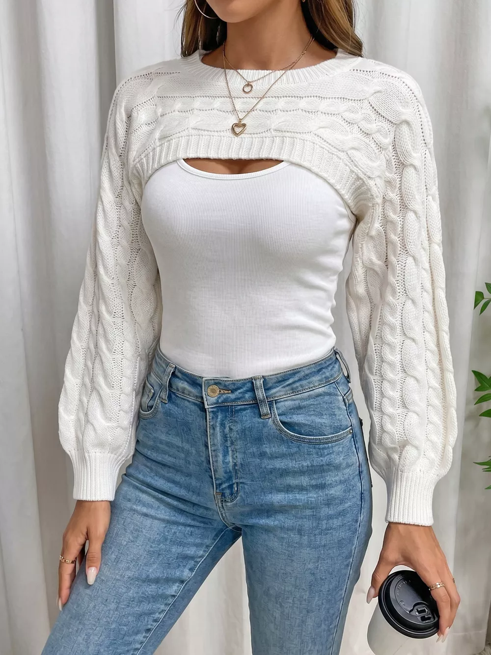 Long Sleeve Crop Cable Knit Cover Up, image 6
