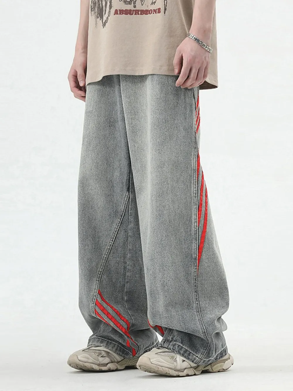 Men's Wide Leg Striped Denim Jeans
