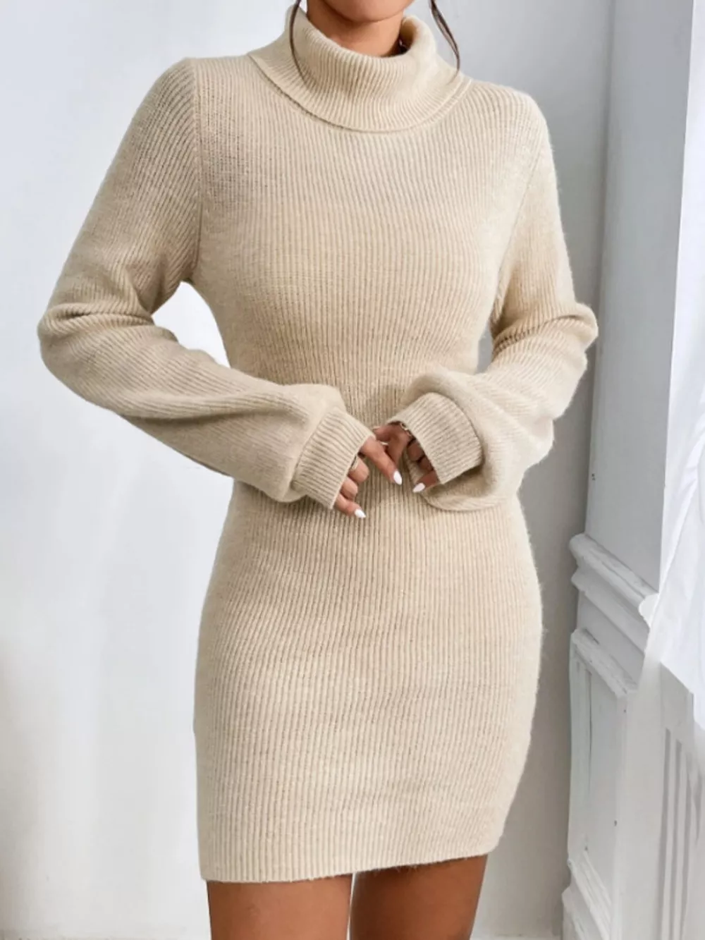 Turtleneck Ribbed Knit Sweater Dress, image 4