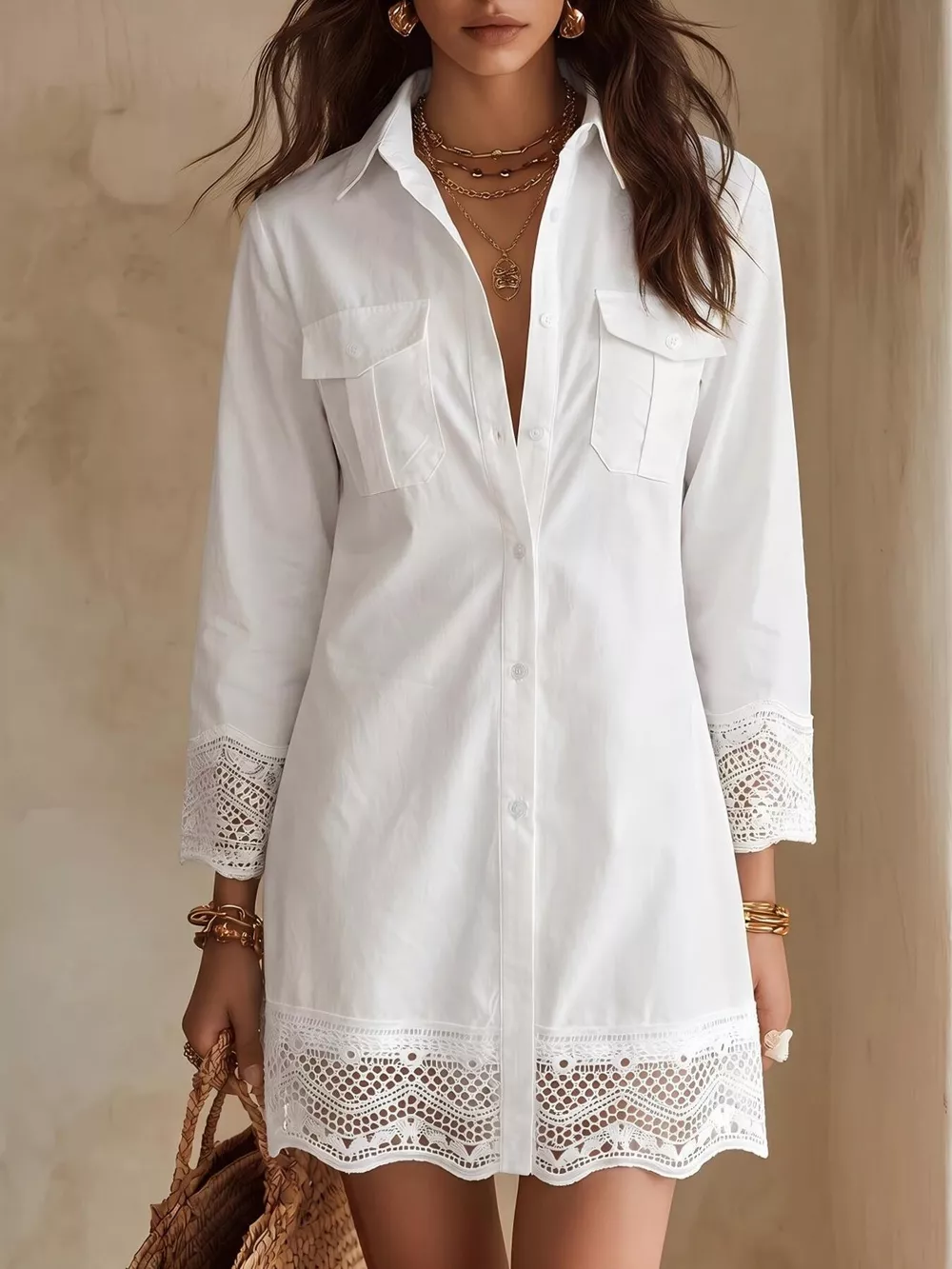 Button-Down Shirt Dress with Lace Trim, image 9