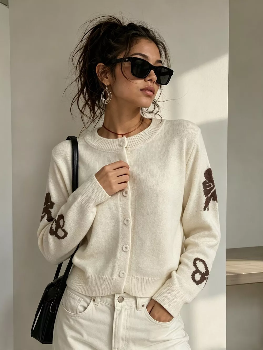 Floral Crew Neck Cropped Knit Cardigan, image 27