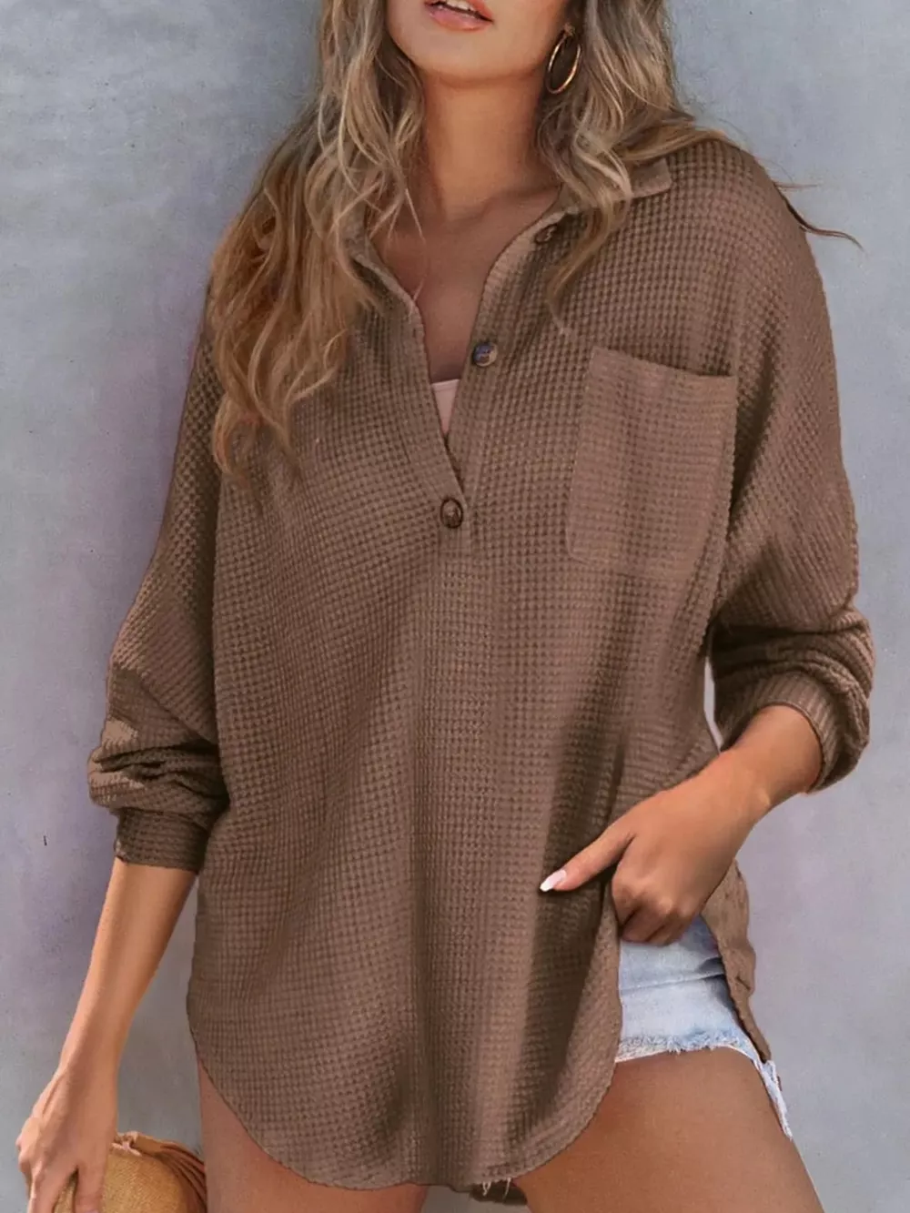 Waffle Knit Button Detail T-Shirt with Pocket, image 14