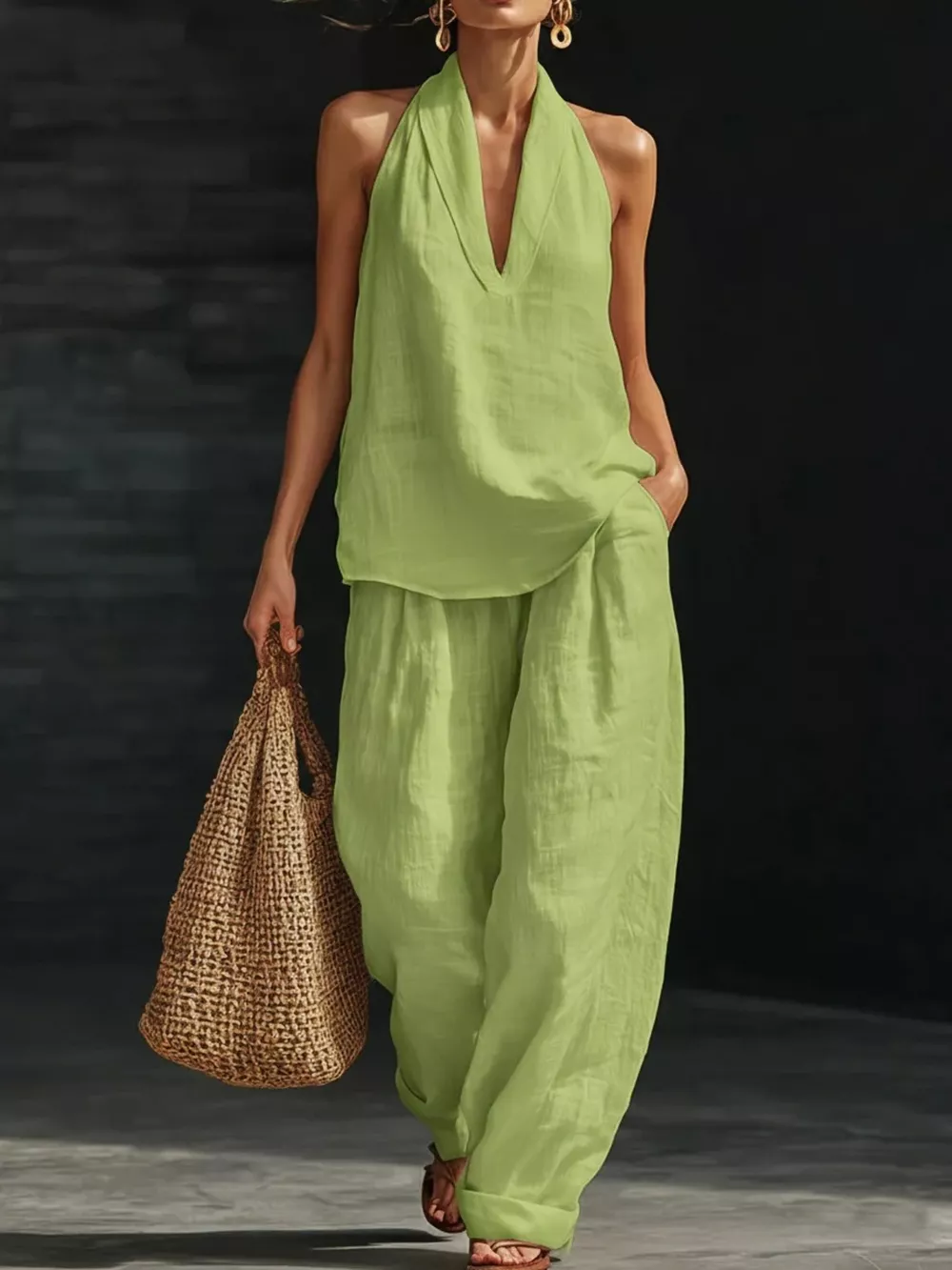 Full Size Halter Neck Top and Wide Leg Pants Set Plus Size, image 14