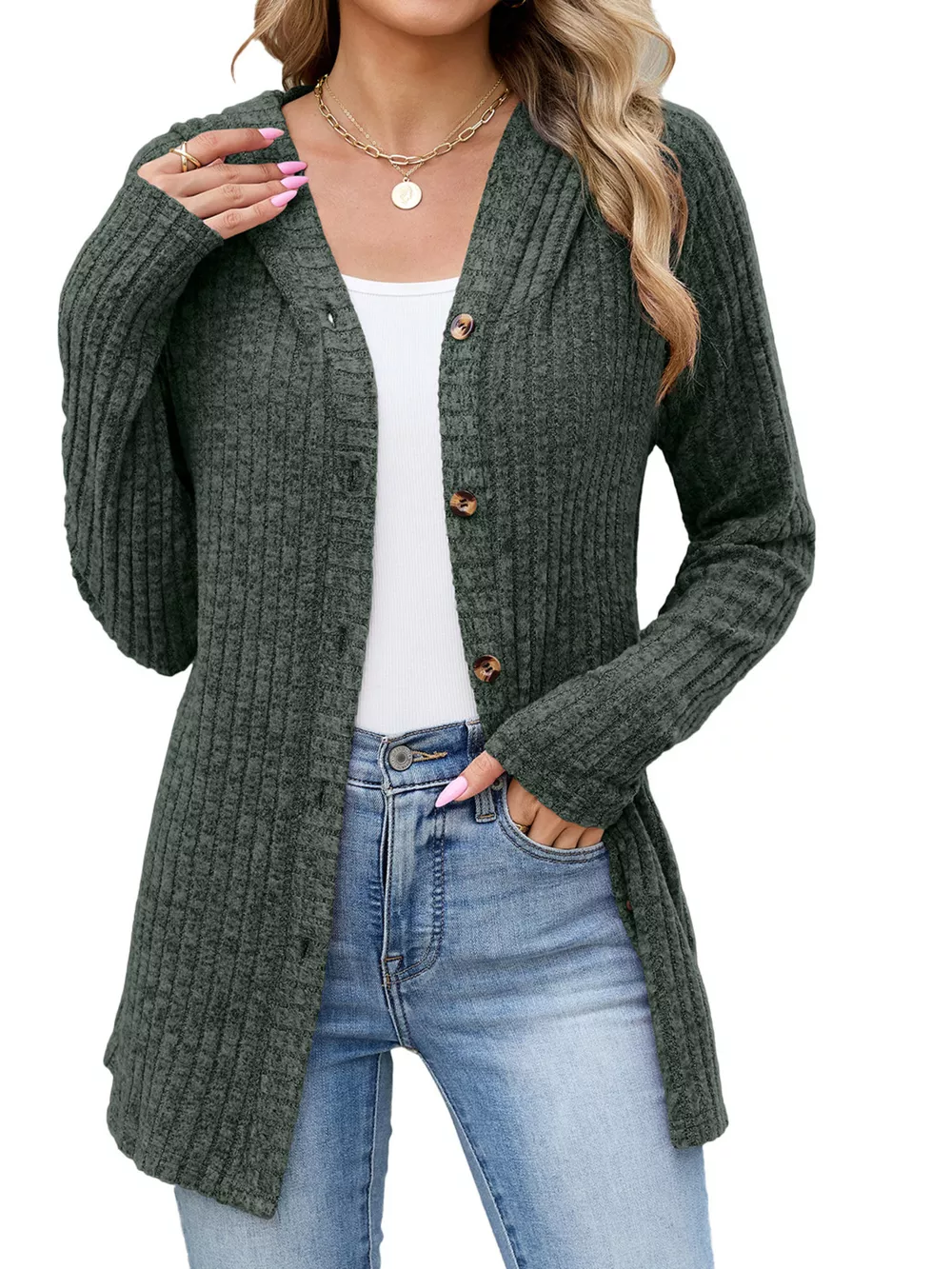Ribbed Knit Hooded Button-Down Cardigan, image 15