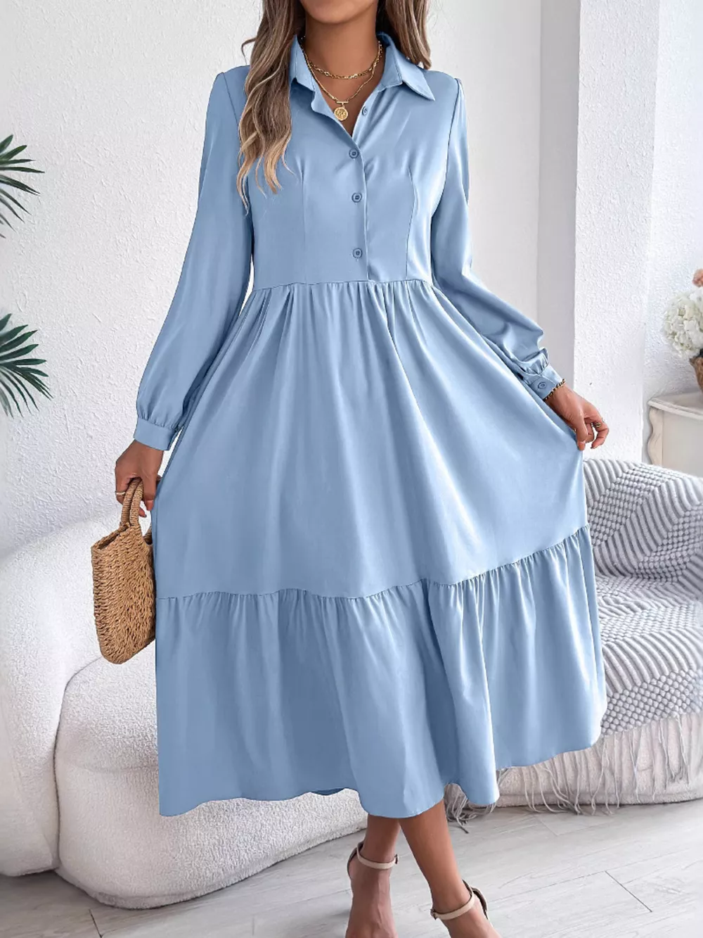 Long Sleeve Tiered Button Front Midi Dress, image 10