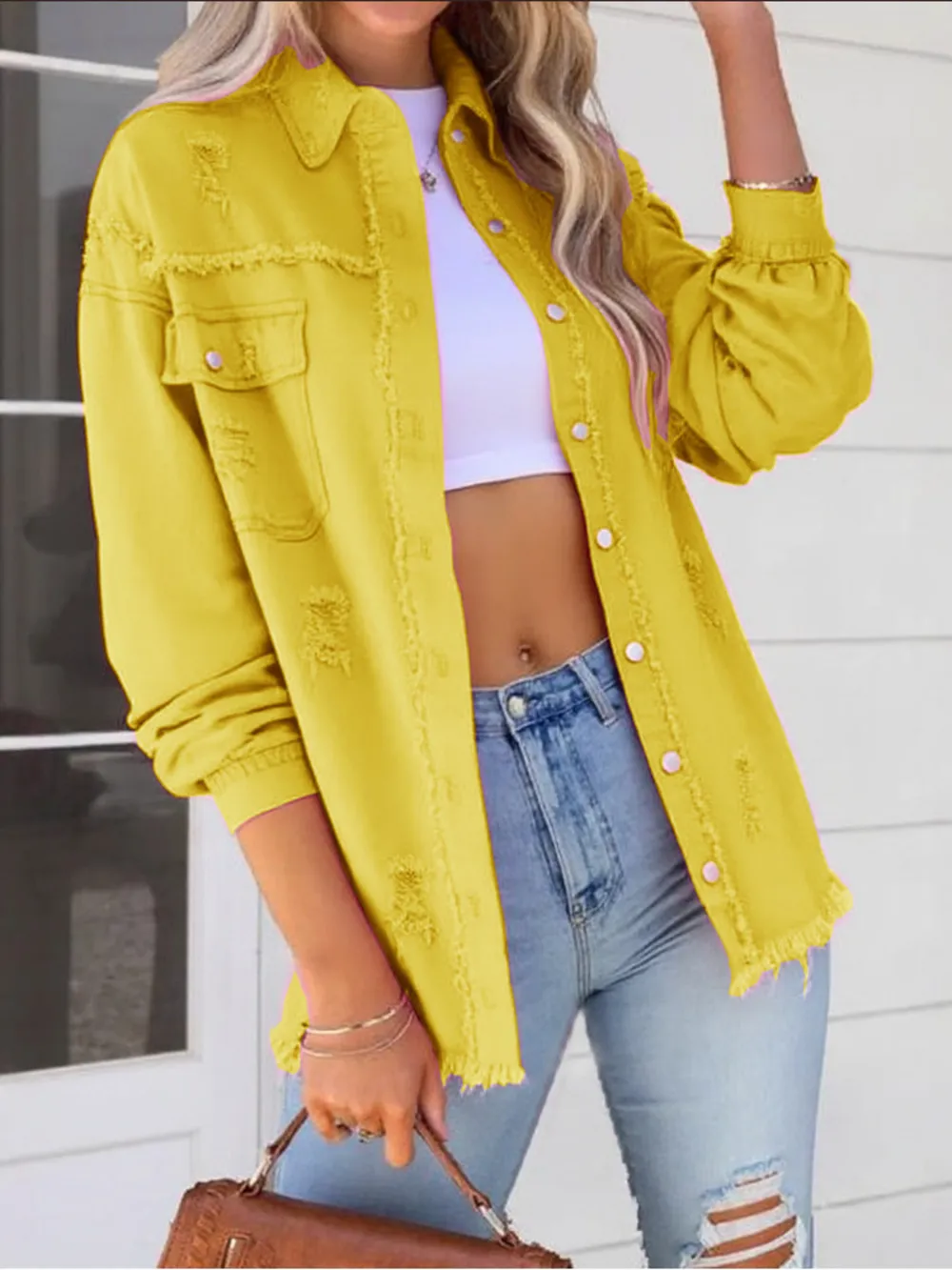 Distressed Denim Jacket with Frayed Edges, image 28