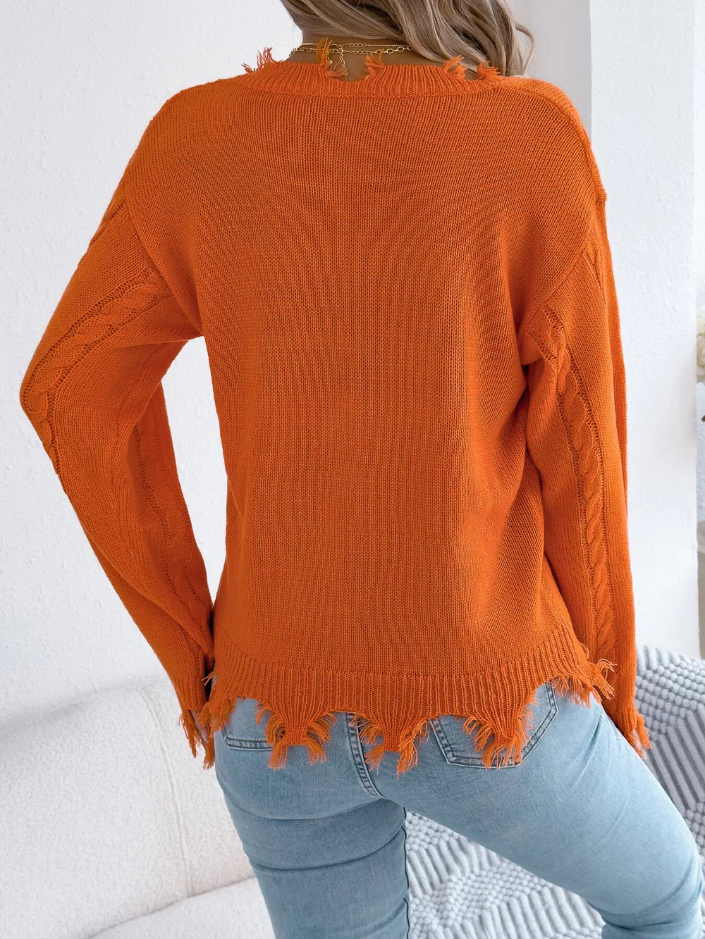 V-Neck Distressed Hem Cable Knit Sweater, image 3