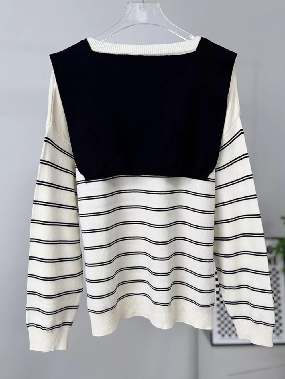 Classic Striped Crewneck Knit Top with Layered Sweater Detail, image 7