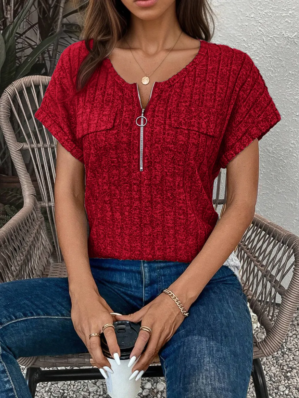Zip-Front Short Sleeve T-Shirt, image 7