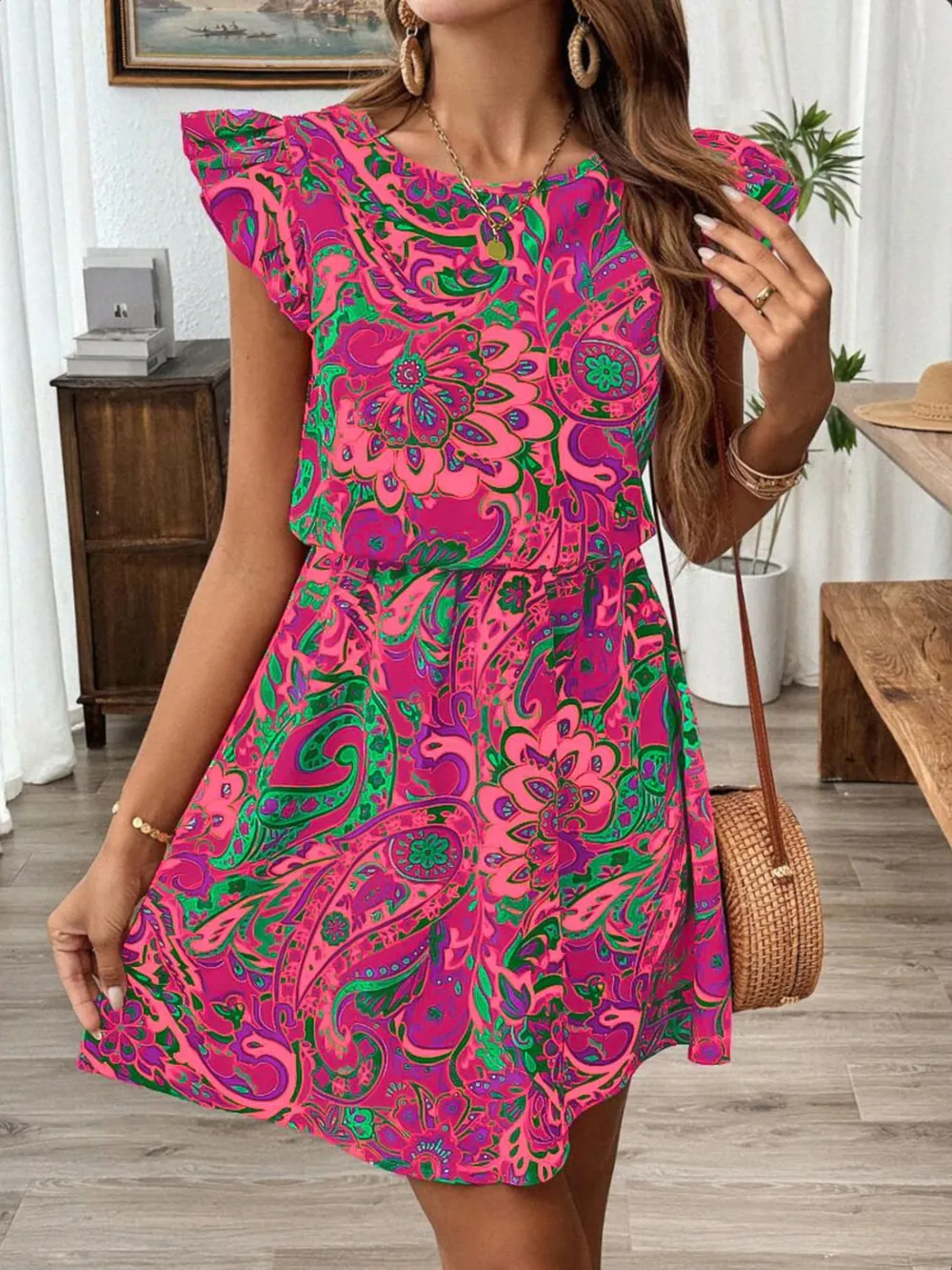 Paisley Print Ruffle Sleeve Mini Dress, image 5