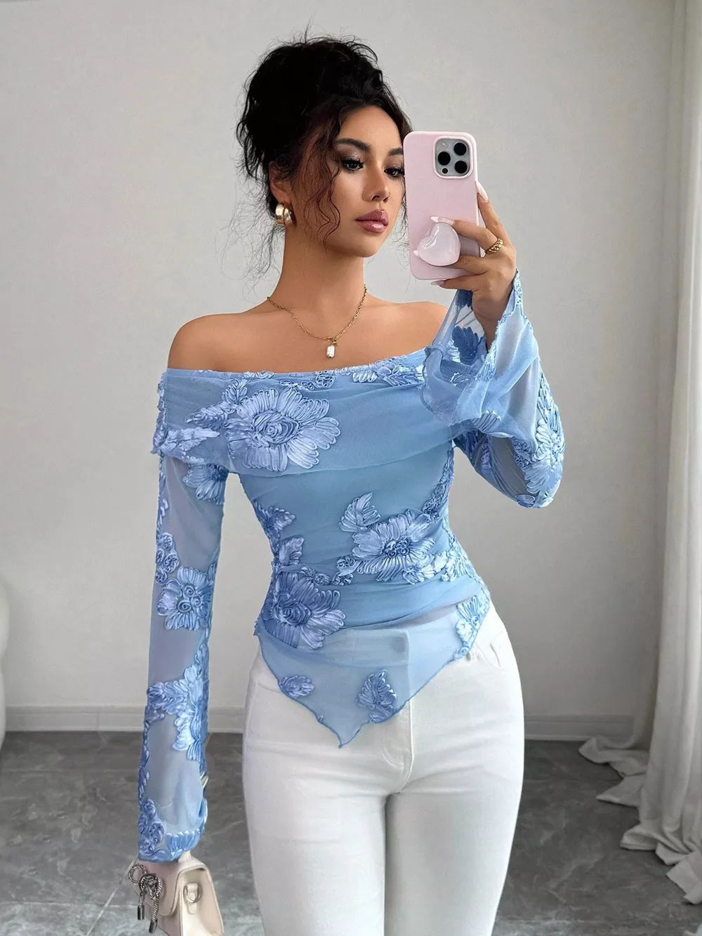 Floral Off-Shoulder Mesh Blouse, image 5