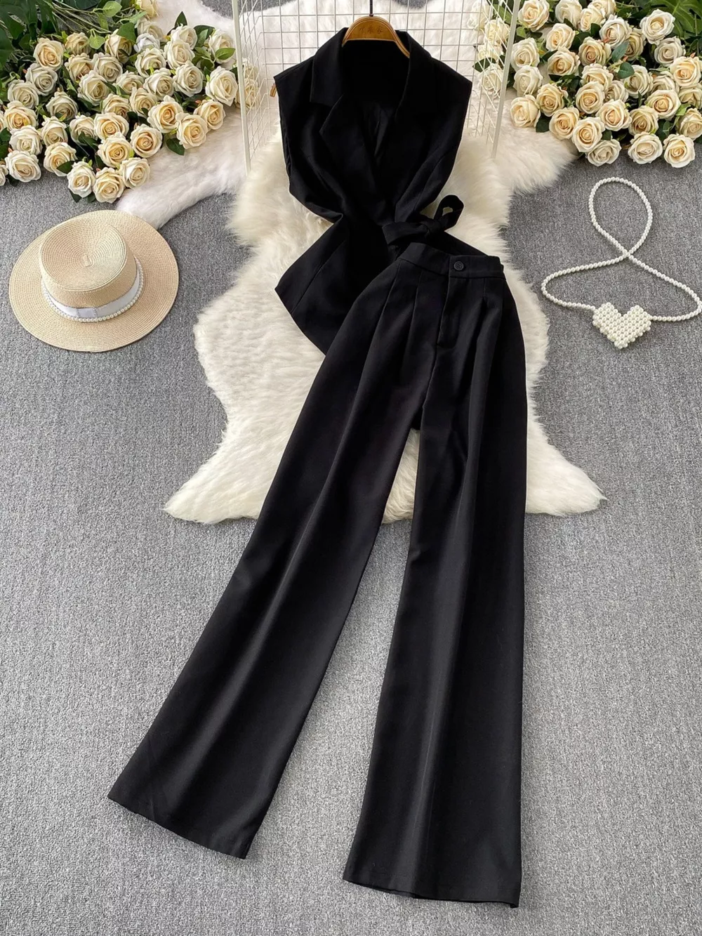 Sleeveless Blazer and Wide-Leg Pants Set, image 5