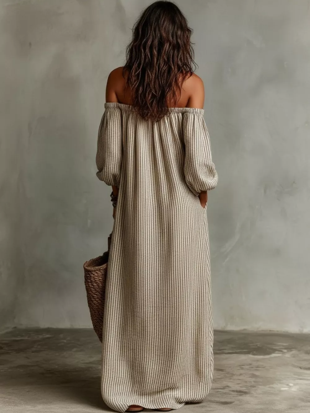 Full Size Off-Shoulder Striped Maxi Dress with Puff Sleeves Plus Size, image 3