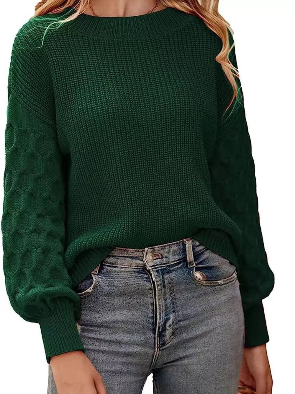 Textured Sleeve Round Neck Sweater, image 12