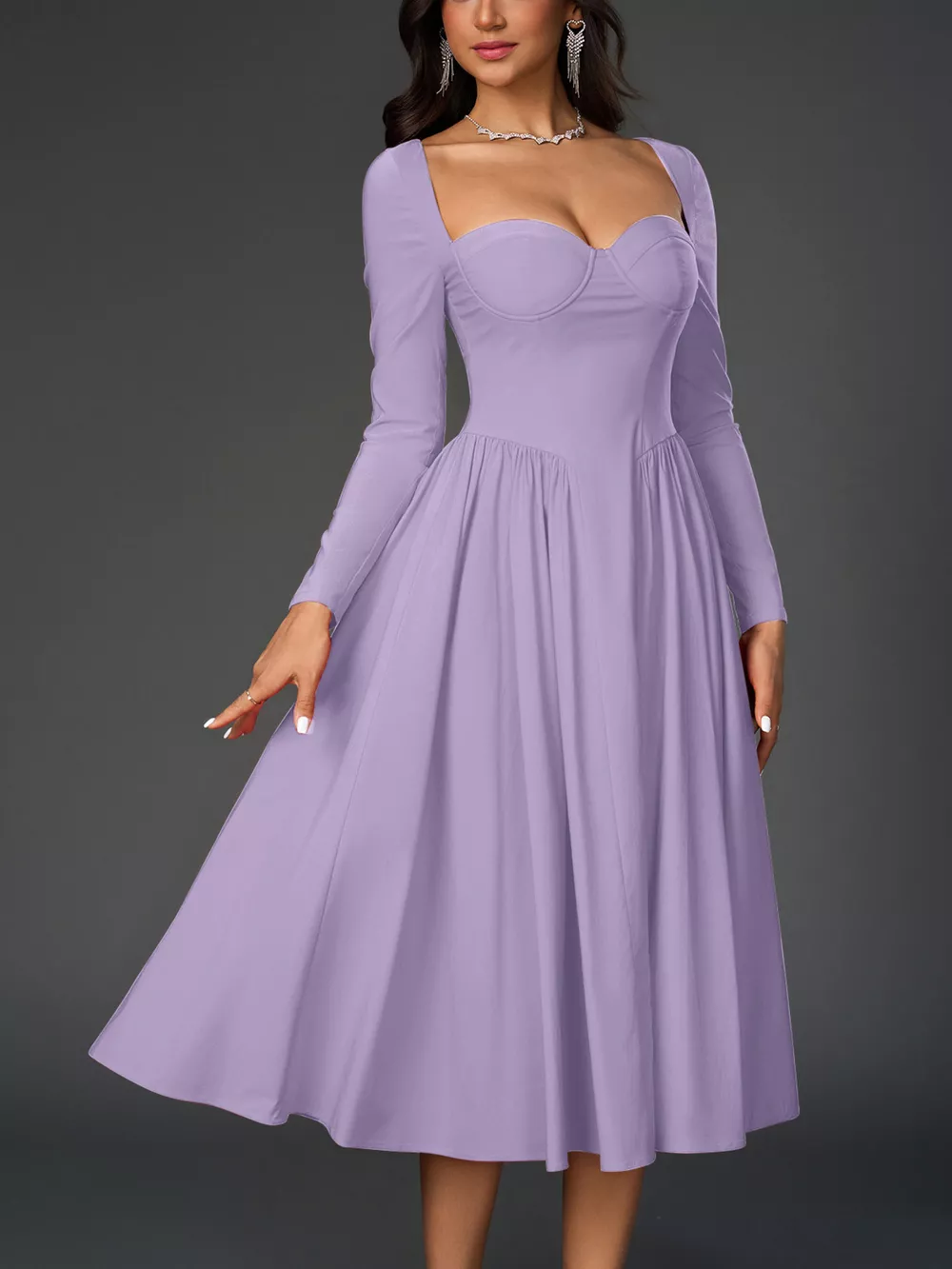 Sweetheart Neckline Long Sleeve A-Line Midi Dress, image 23