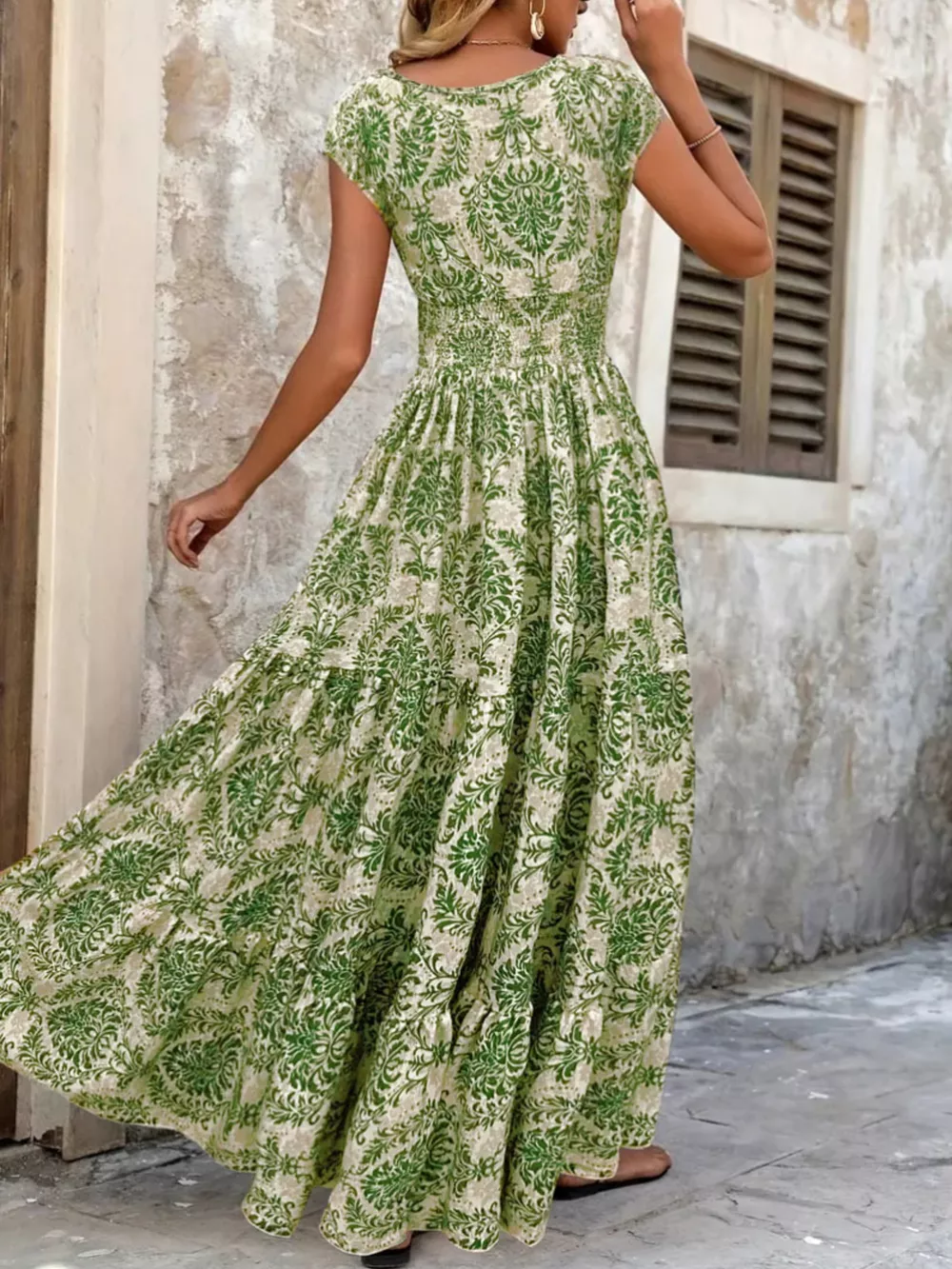 Full Size Printed V-Neck Tiered Maxi Dress Plus Size, image 4
