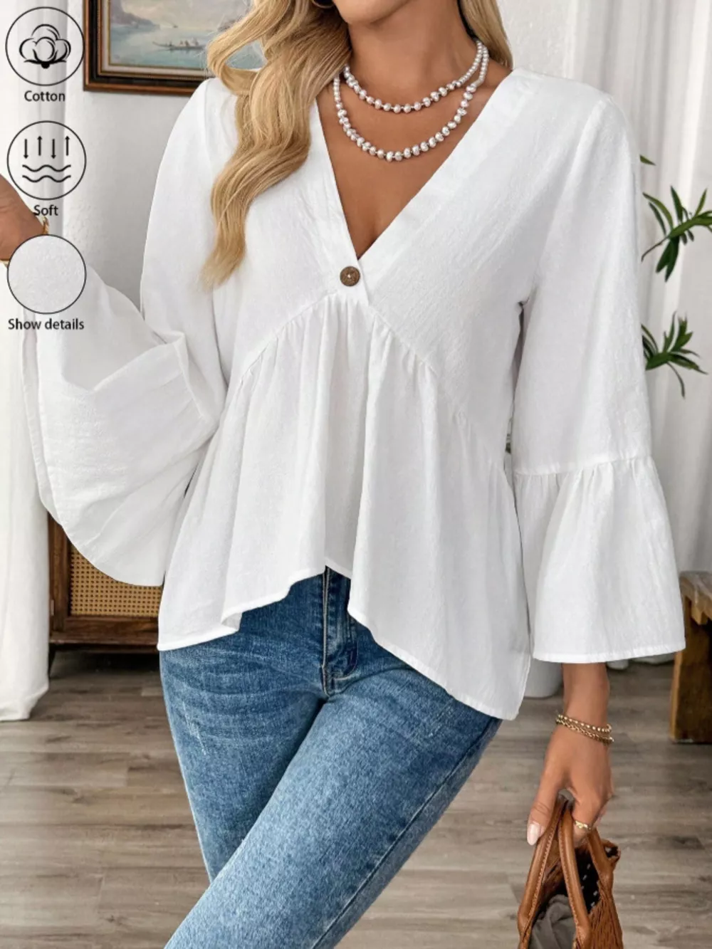 V-Neck Bell Sleeve Blouse, image 4