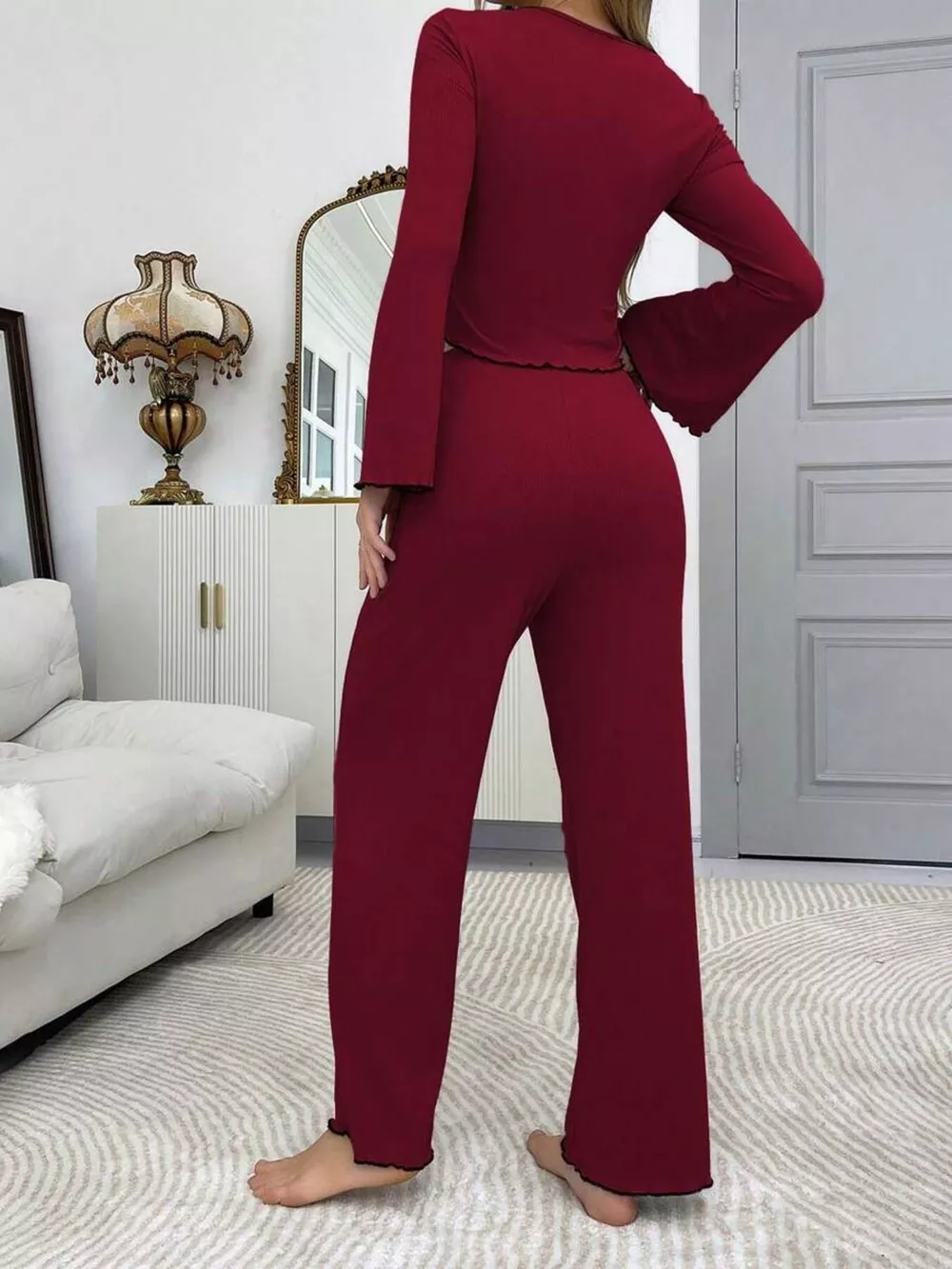 Lace Detail Flare Sleeves Top and Pants Lounge Set, image 13