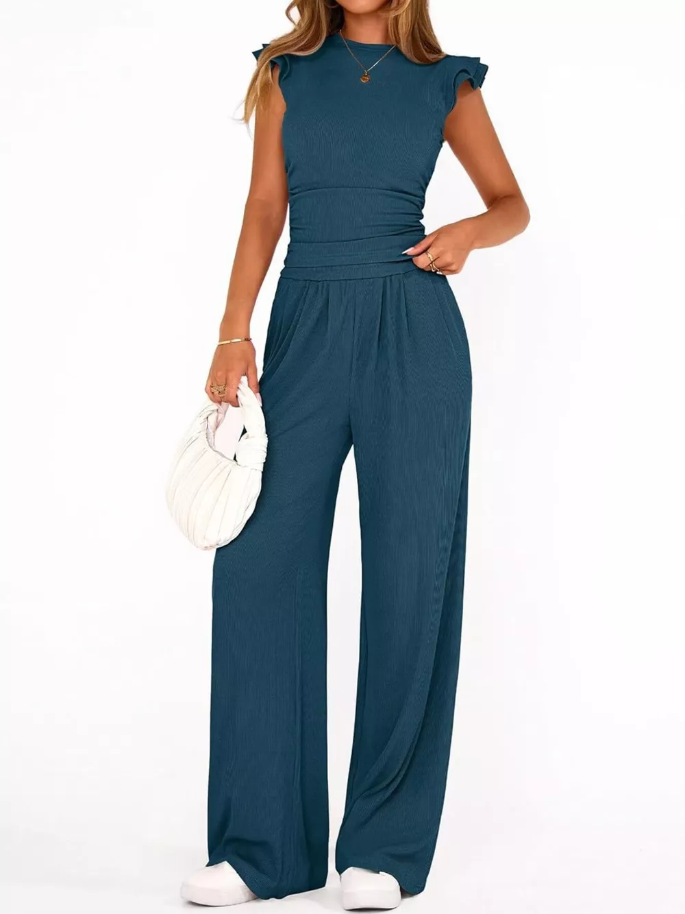 Ruffled Mock Neck Top and Wide Leg Pants Set, image 31
