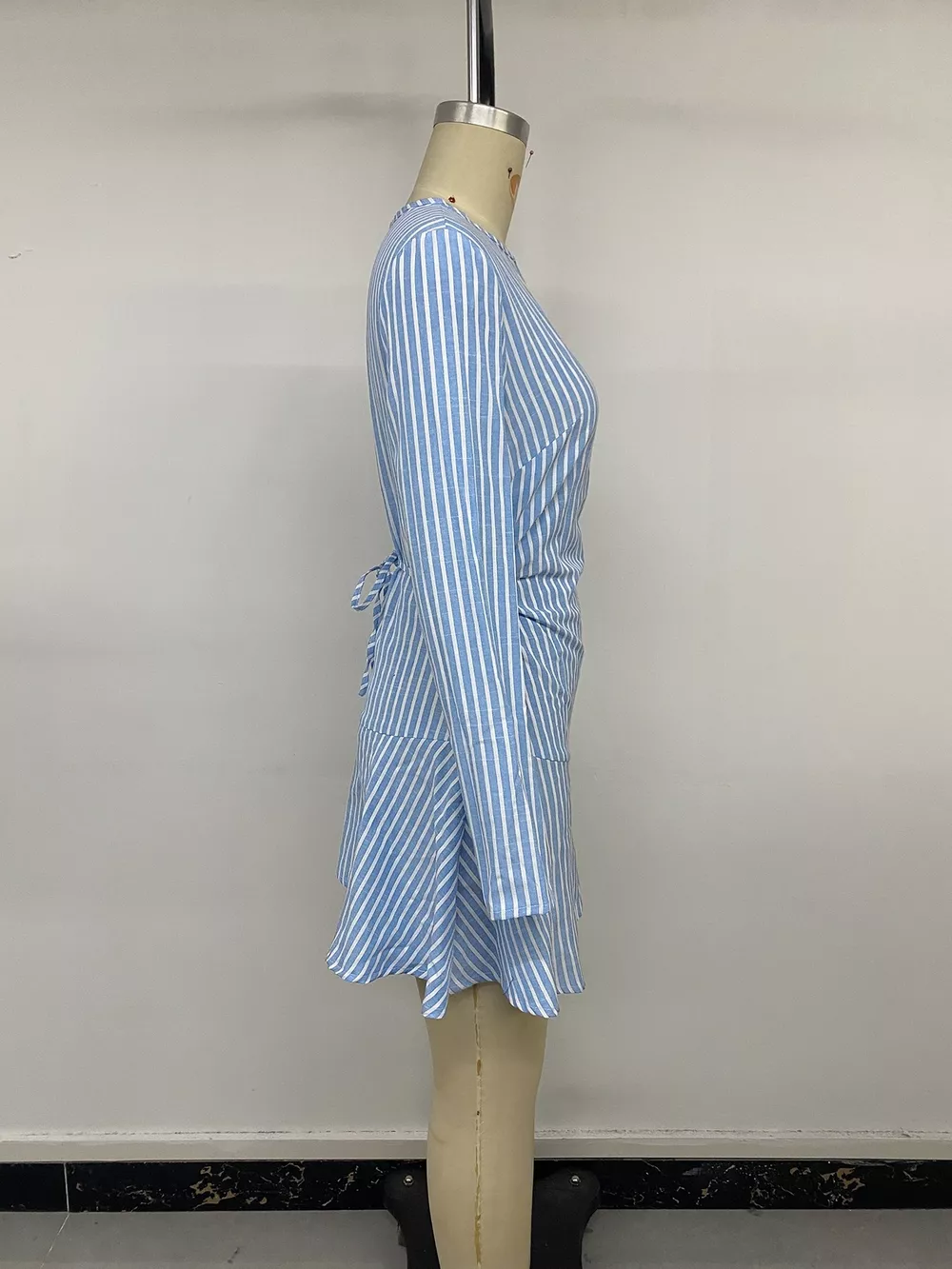 Striped Long-Sleeve Ruched Mini Dress, image 12