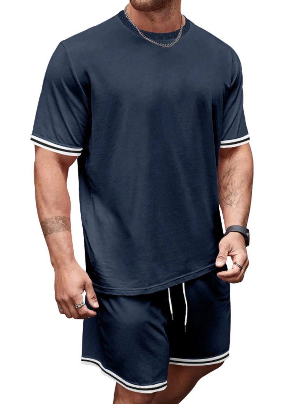 Men's Full Size Striped Short Sleeve Tee and Shorts Set Plus Size, image 11