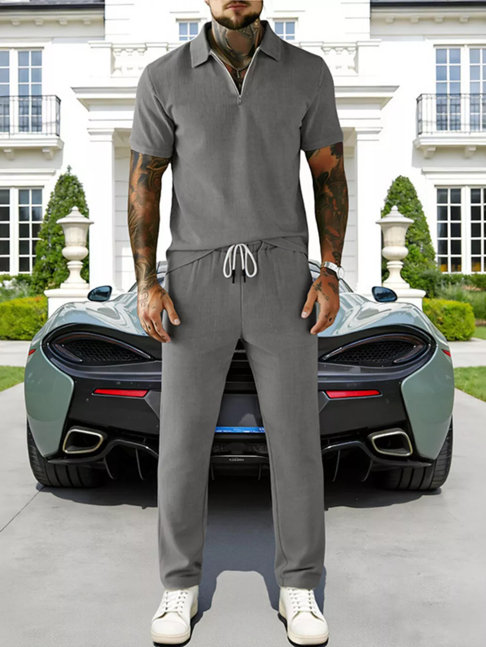 Men's Full Size Casual Zipper Polo Shirt and Drawstring Pants Set Plus Size, image 7