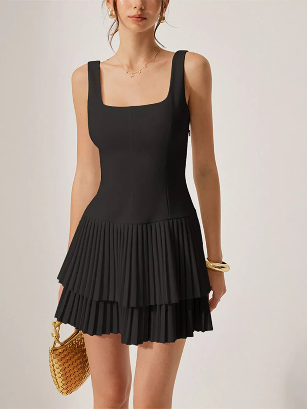 Square Neck Pleated Mini Dress