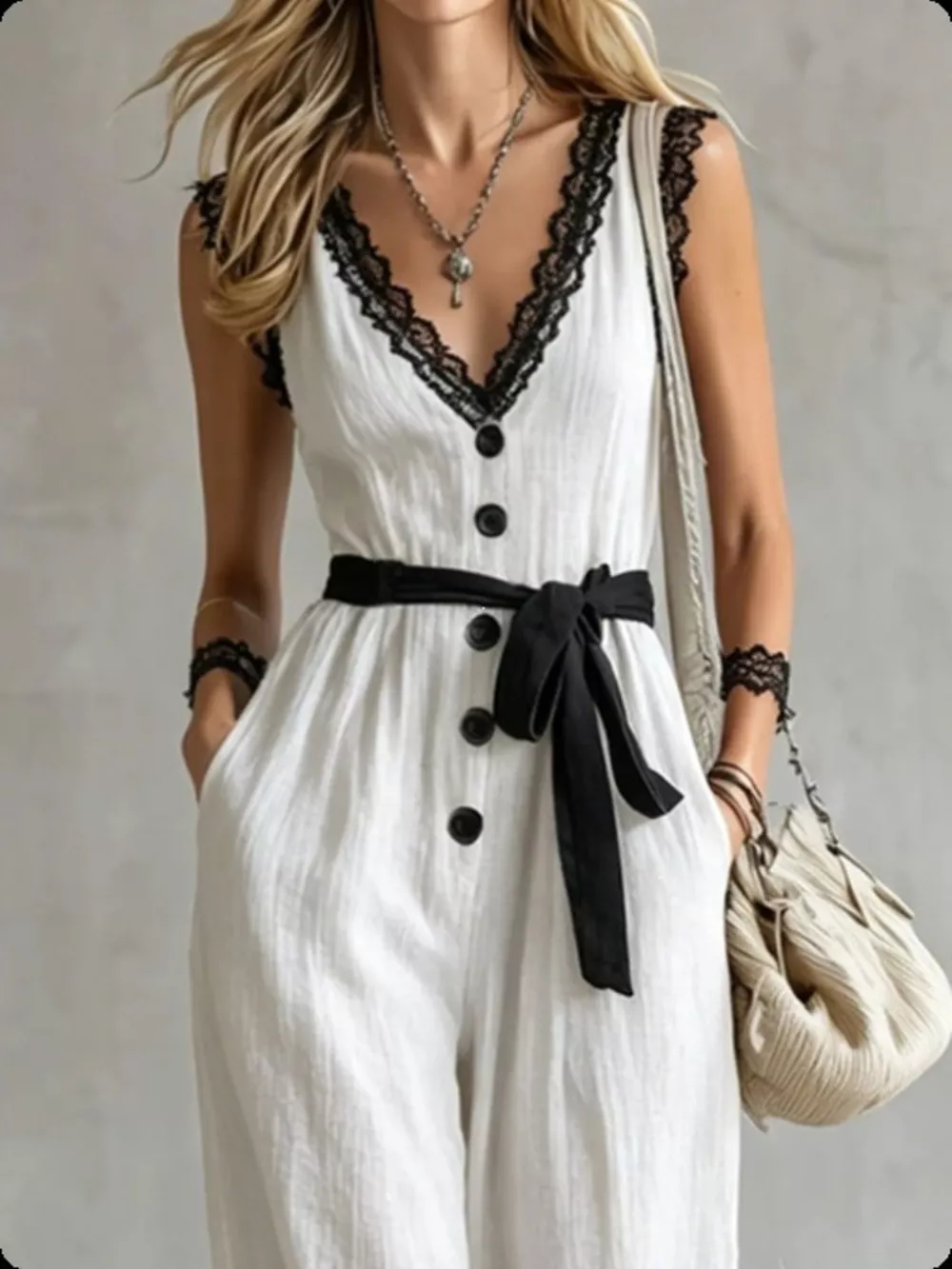 Lace Trim Sleeveless Wide Leg Jumpsuit, image 2