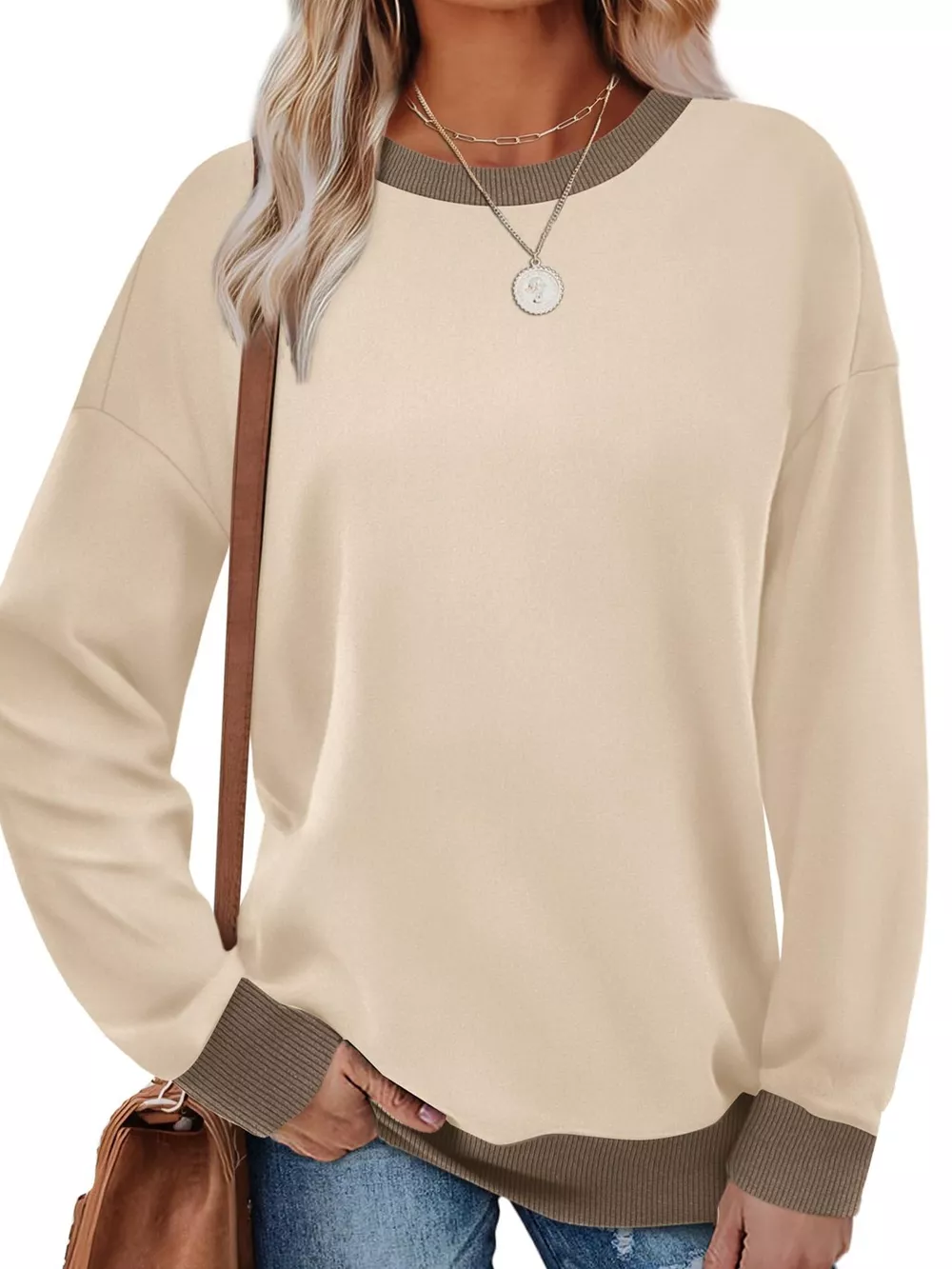 Contrast Trim Crew Neck Casual Sweatshirt