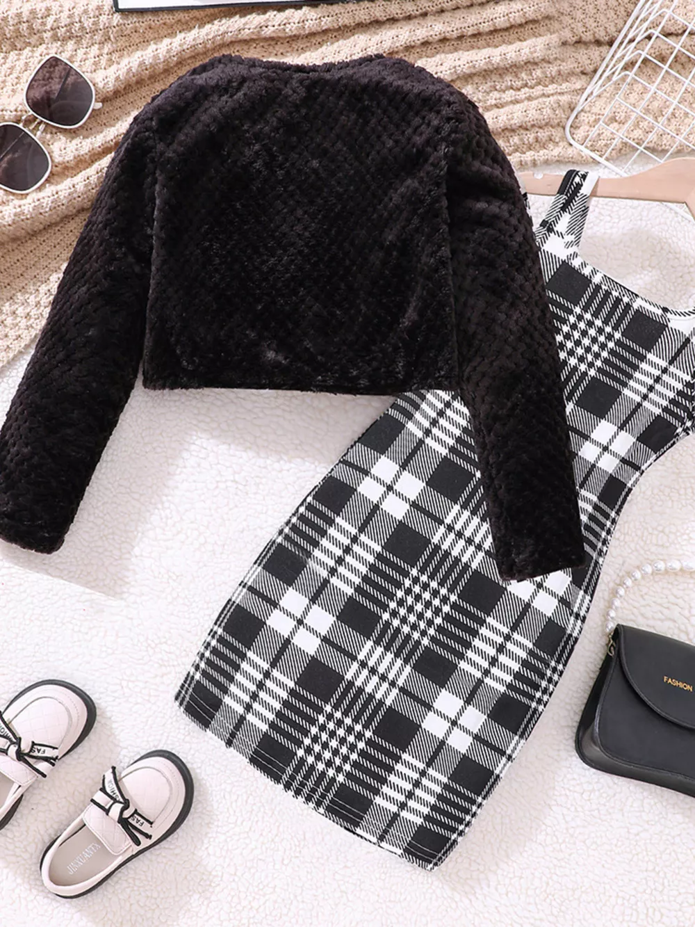 Children's Fuzzy Cardigan & Plaid Dress Set, image 3
