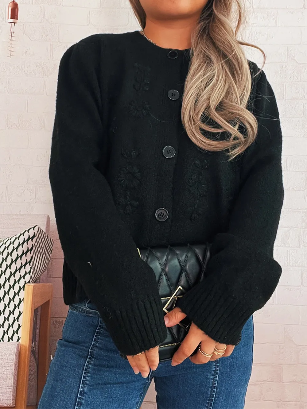 Flower Button Up Ribbed Hem Cardigan, image 14