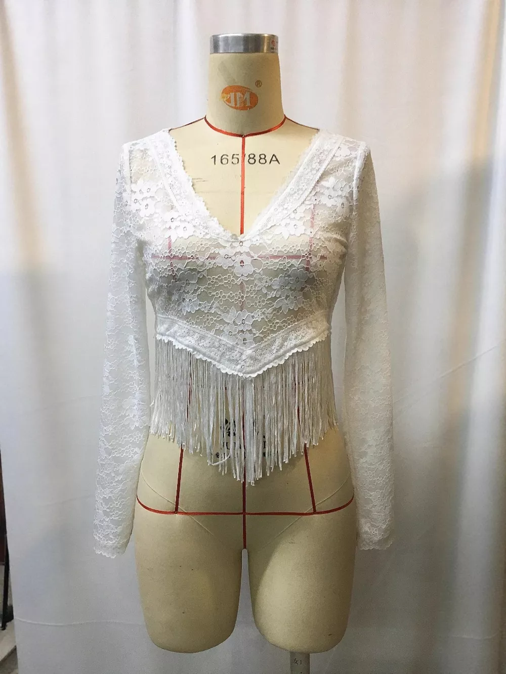 Full Size Fringe Hem Lace Long Sleeve Top Plus Size, image 3