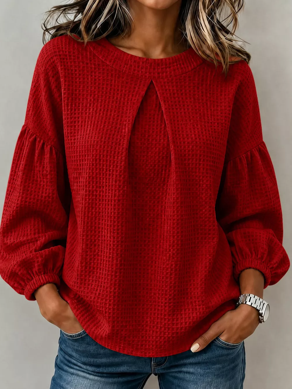 Waffle Knit Round Neck Top, image 11