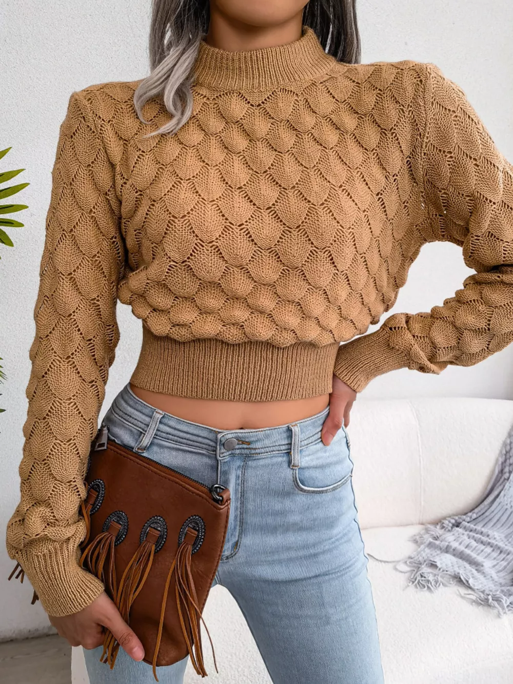 Mock Neck Textured Cropped Sweater, image 3