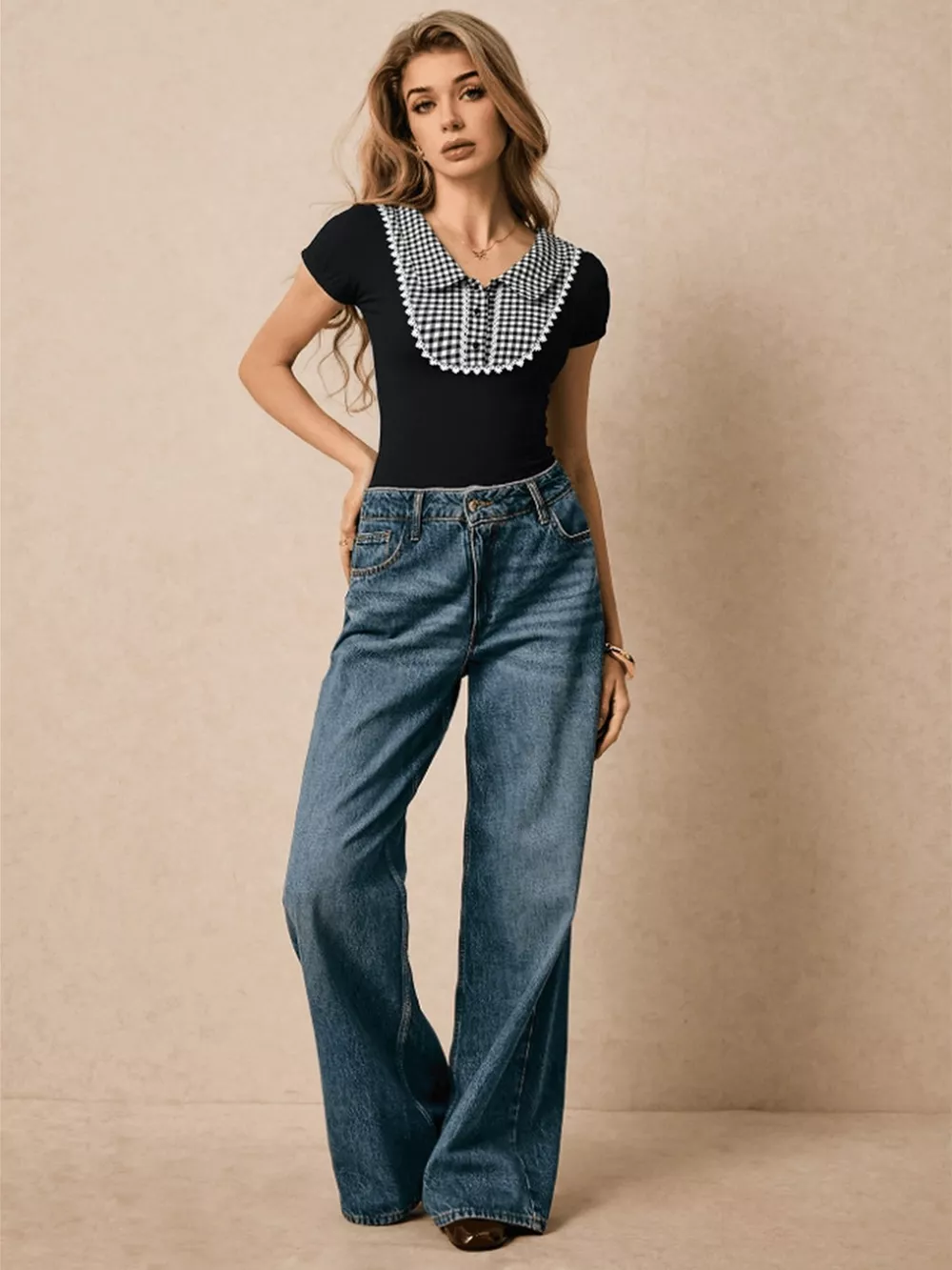 Gingham Collar Slim Fit Blouse, image 5