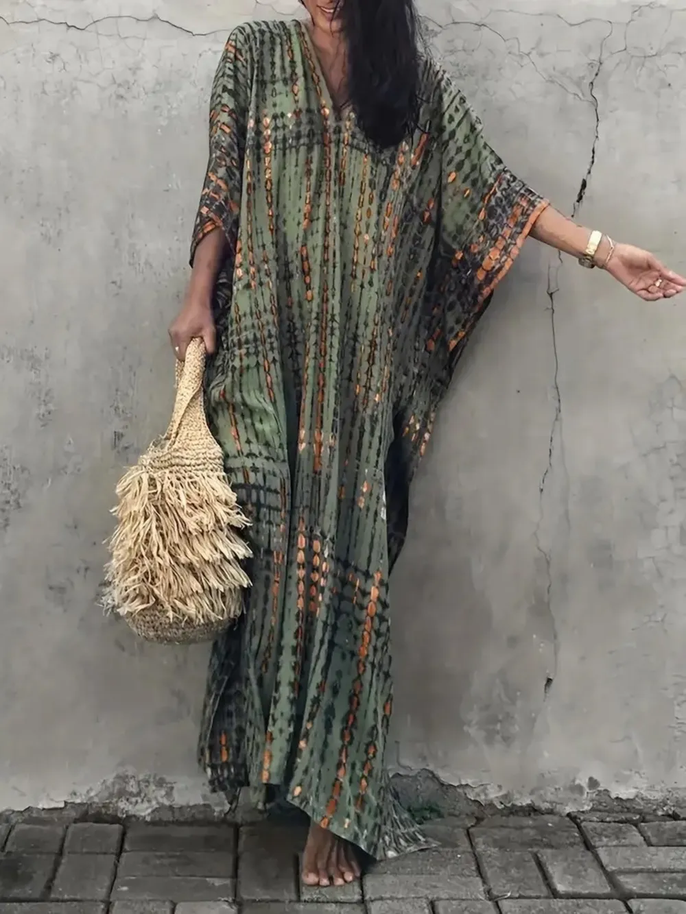 Tie-Dye V-Neck Maxi Dress with Flowy Sleeves, image 5